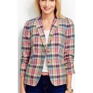 Talbots Blazer Long Sleeve Button Up Womens 14W Pink Plaid Linen Blend Colorful